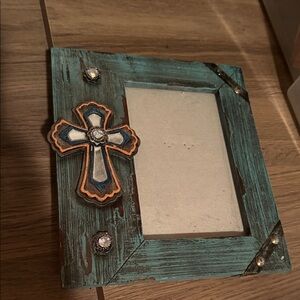 Rustic Blue and Brown Picture Frame with Cross Accent